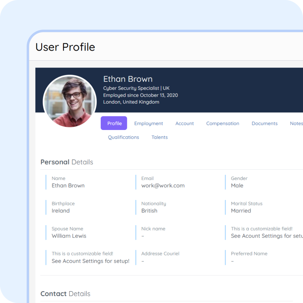 Employee profile product image Employee profile dashboard in PurelyHR showing employee records management, personal information, employment details and HR documentation