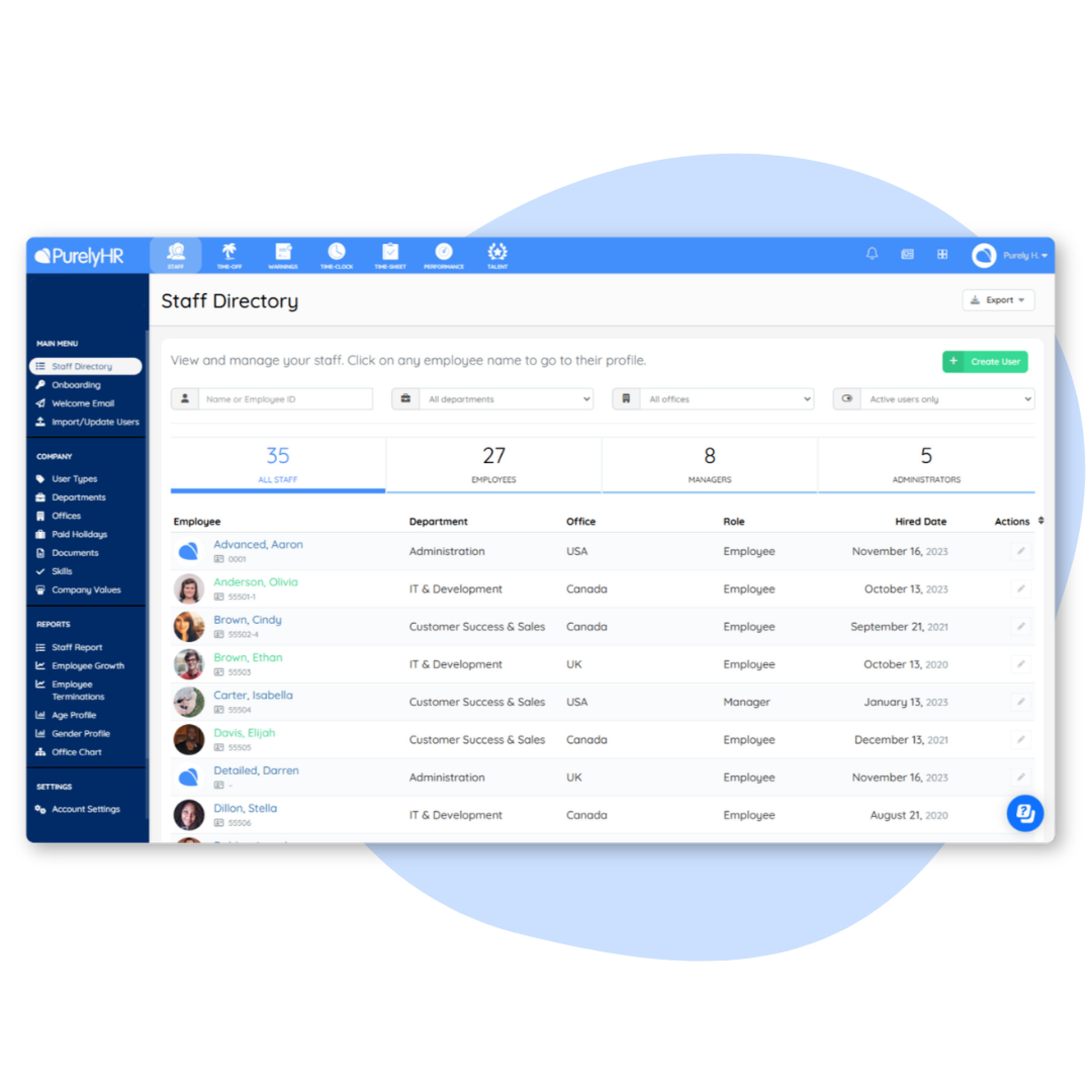 Staff module image PurelyHR employee directory software displaying employee records, departments, office locations and staff profiles