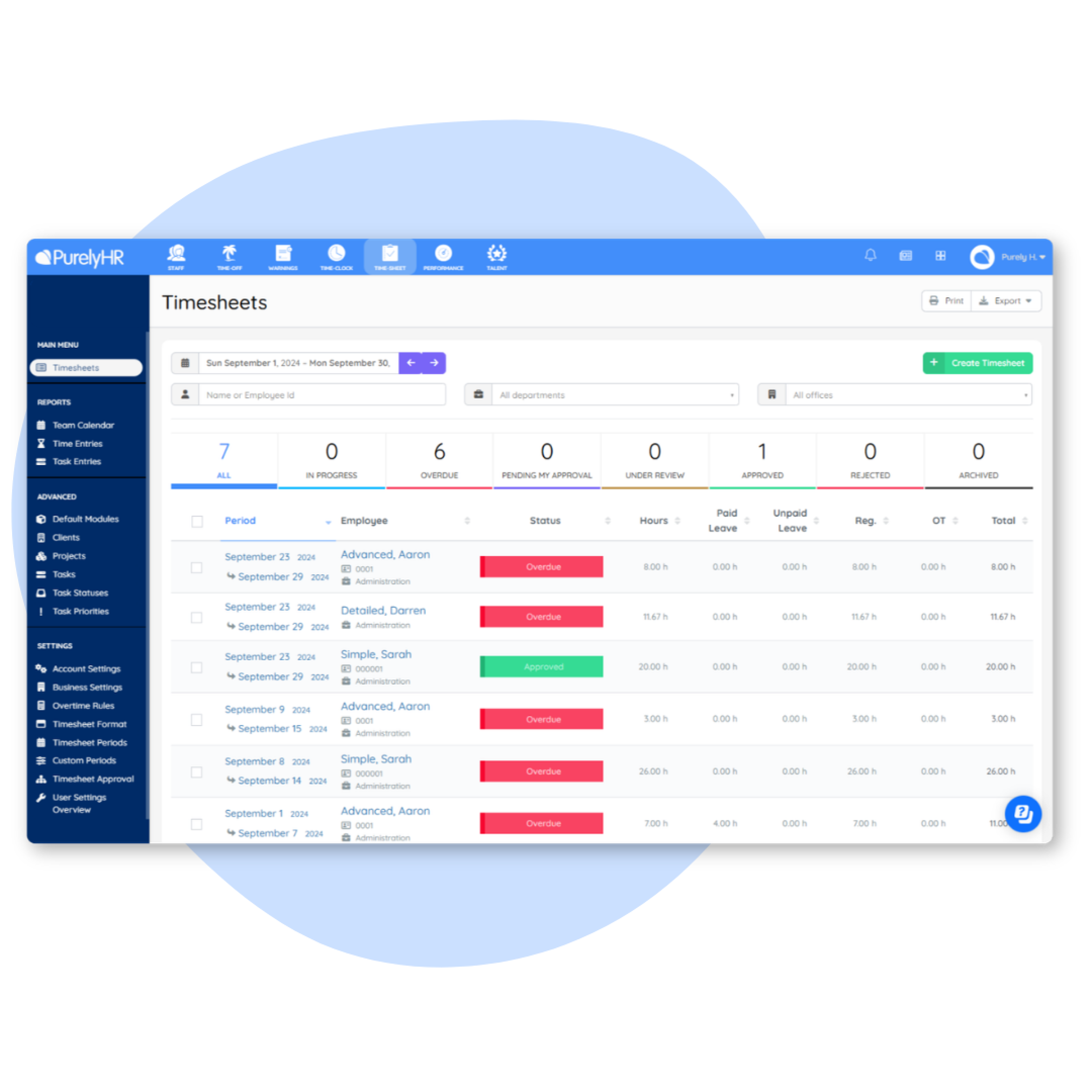 PurelyHR timesheet software displaying employee work hours, timesheet approval status and payroll-ready time tracking records