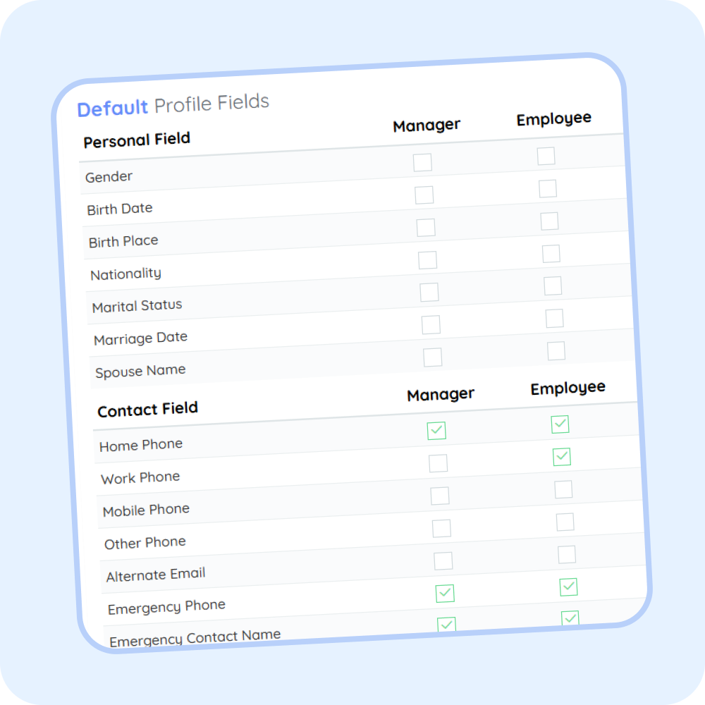 employee information fields product image Employee profile management settings in PurelyHR showing customizable employee records, contact fields and HR data permissions