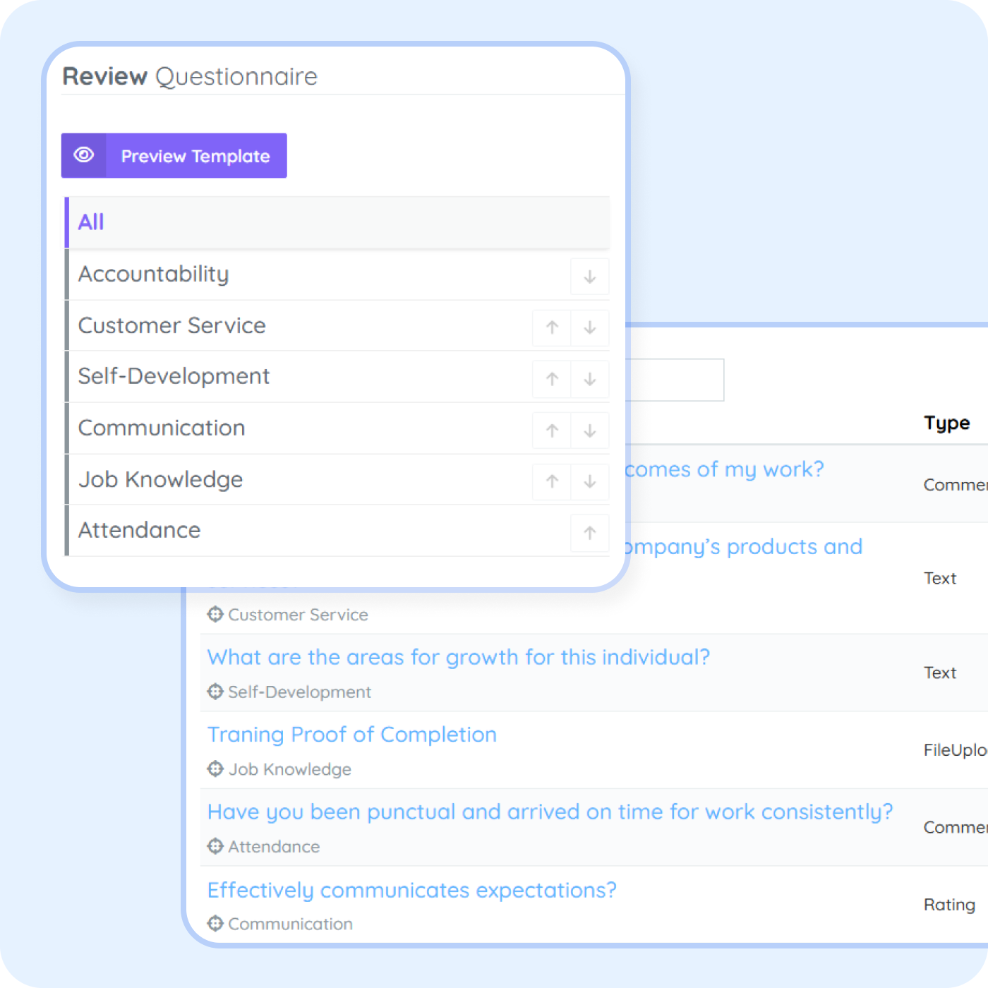employee performance review questionnaire Employee performance review questionnaire in PurelyHR showing evaluation categories, review questions and performance assessment templates
