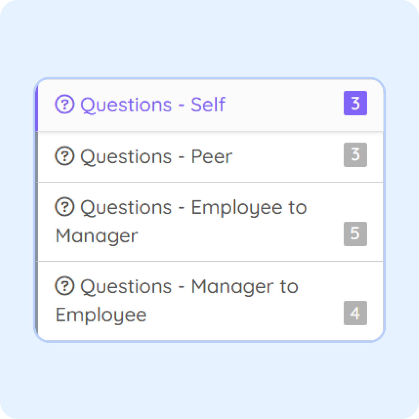 360-degree feedback questionnaire purelyhr 360-degree employee feedback questionnaire in PurelyHR showing self-assessments, peer reviews and manager feedback forms