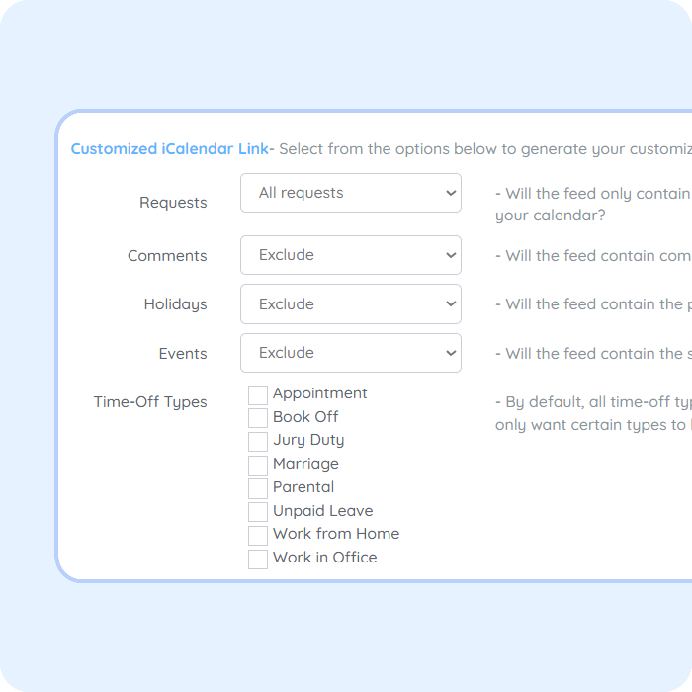 Employee leave calendar integration in PurelyHR showing PTO schedules, absence tracking and iCalendar synchronization settings