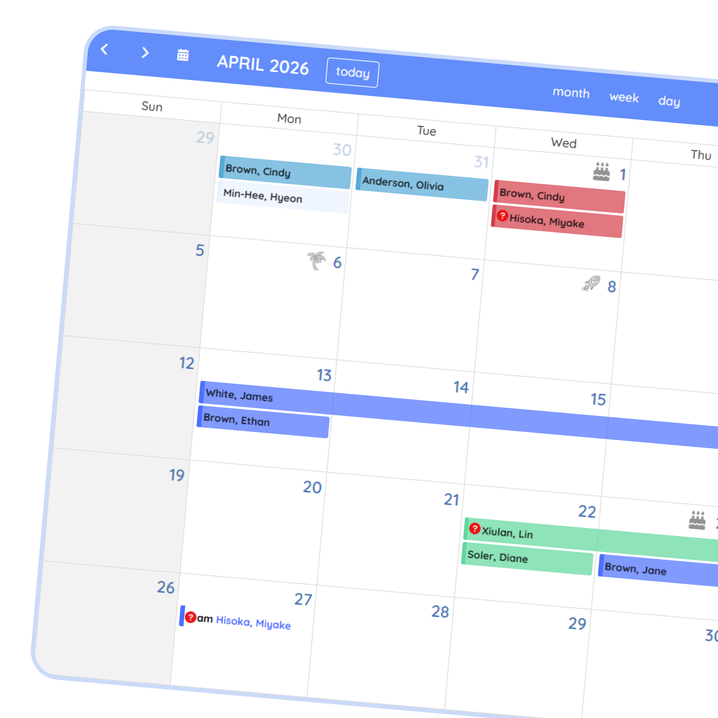 Shared employee leave calendar in PurelyHR showing vacation planning, PTO tracking and staff availability management