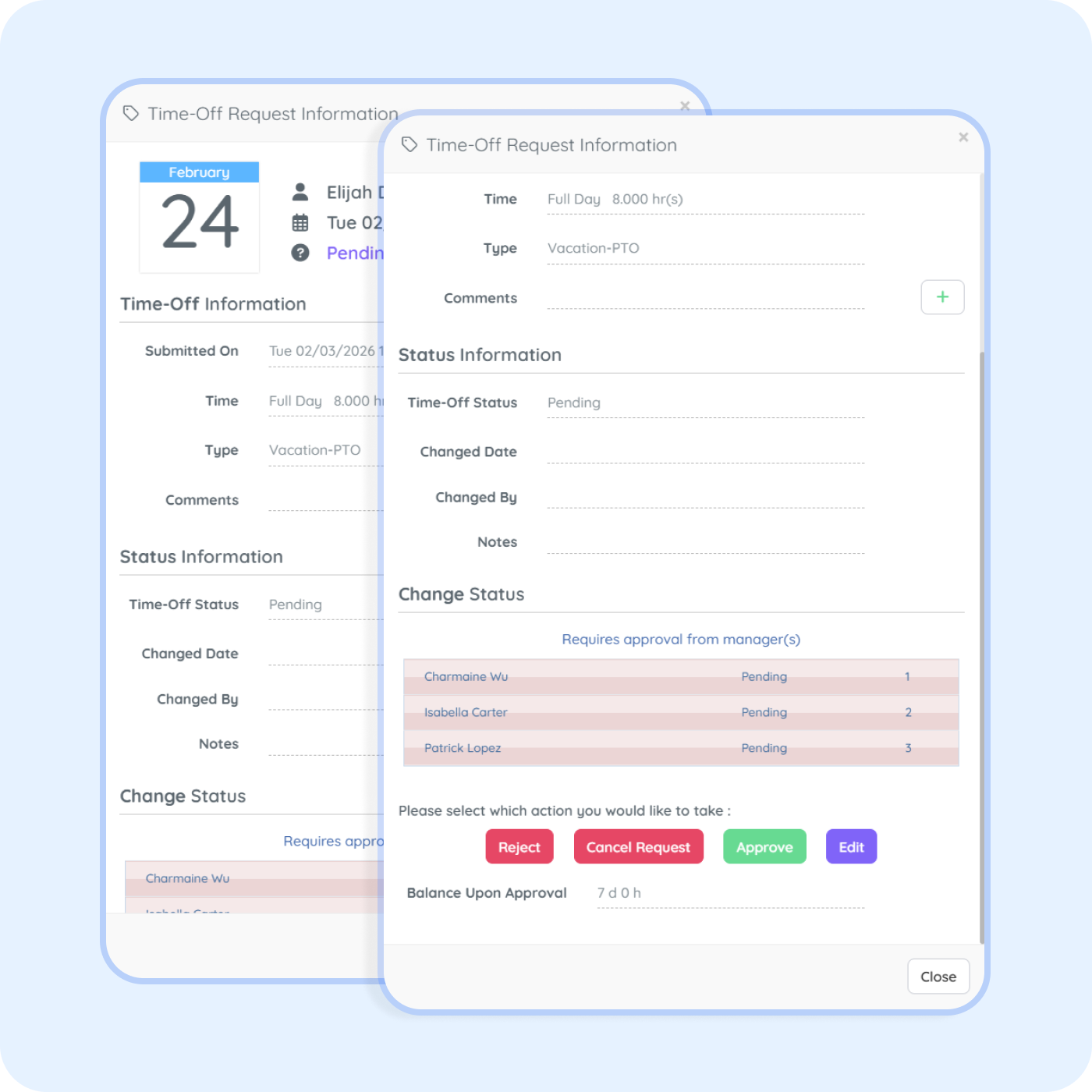 Employee leave request approval dashboard in PurelyHR showing PTO requests, approval workflows and absence management tracking