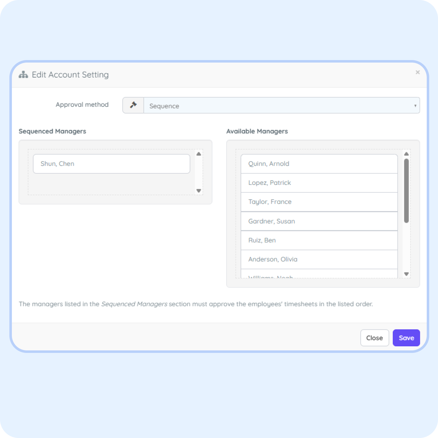 Employee timesheet approval settings in PurelyHR showing sequential manager approvals, review workflows and timesheet management controls