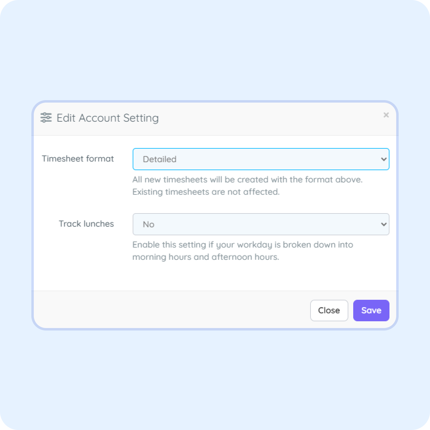Employee timesheet configuration settings in PurelyHR showing timesheet formats, lunch break tracking and work hours management