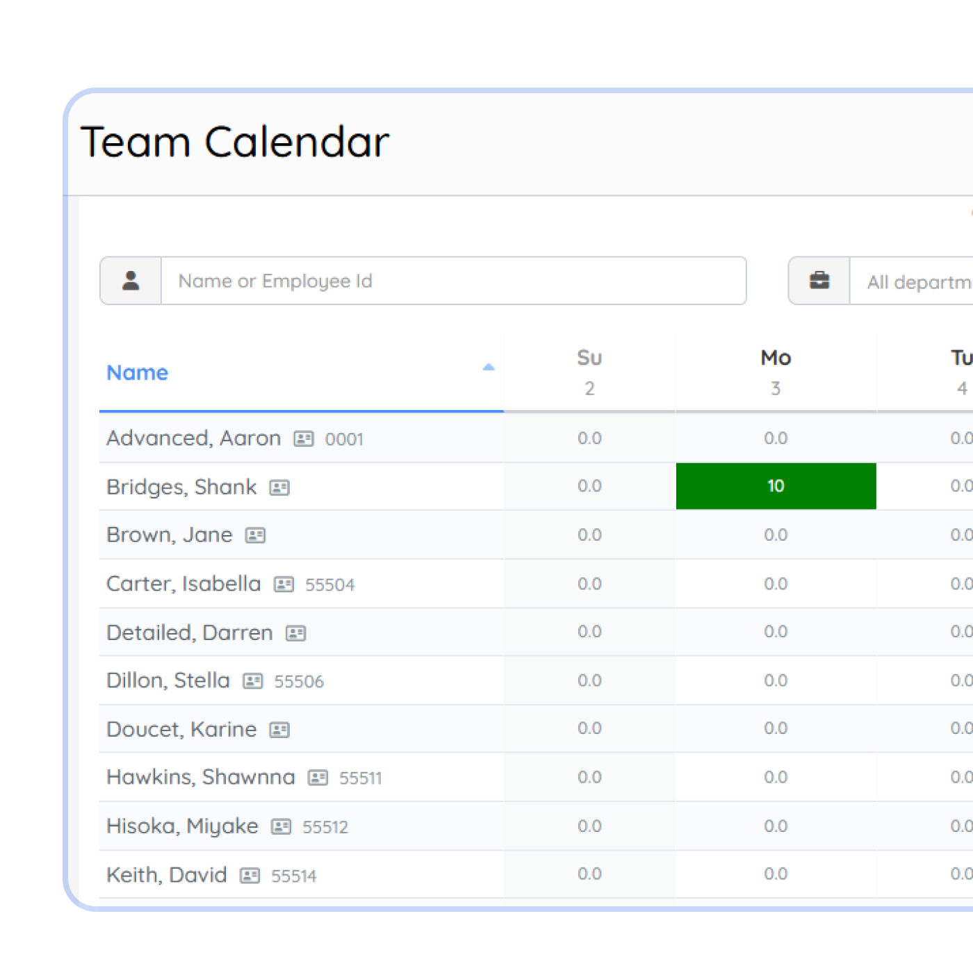 Employee scheduling dashboard in PurelyHR showing team availability, work schedules and workforce planning