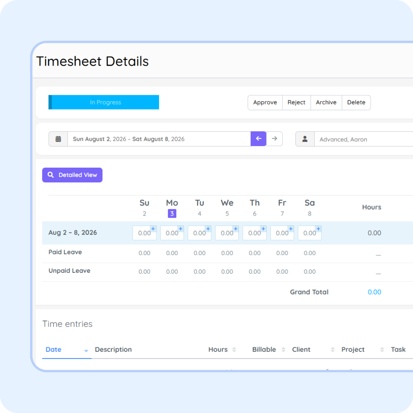 Employee timesheet details in PurelyHR showing work hours tracking, billable time, paid leave entries and timesheet approvals